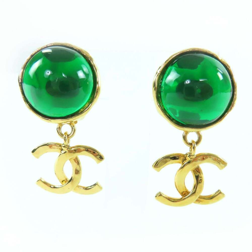 CHANEL Vintage Green Logo Earrings